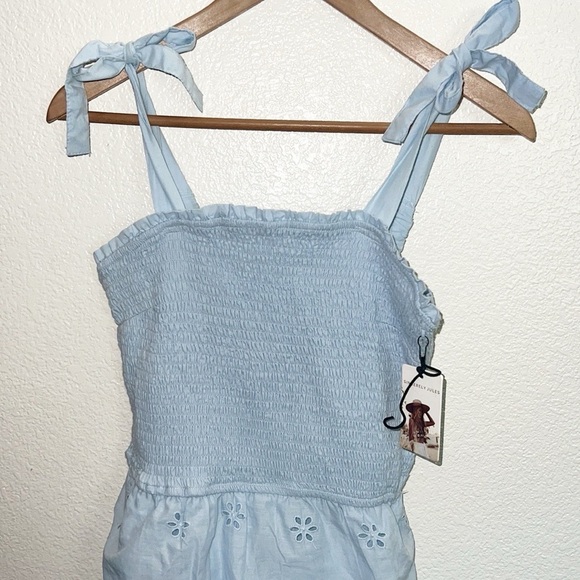 Sincerely Jules Light Blue Smocked Tiered Floral Tank Top Tie Strap Mini Dress - Picture 2 of 9
